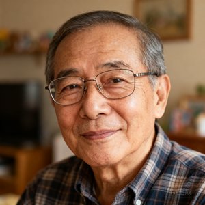 一位戴眼镜的父亲的头像照片，表情温和，背景为家庭室内环境，他穿着格子衬衫
